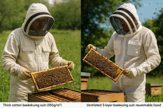 Side-by-side comparison of two beekeepers inspecting hives