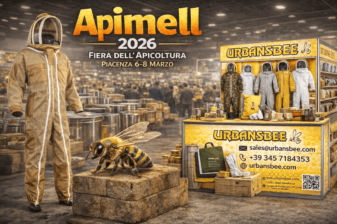 URBANSBEE beekeeping suits and accessories showcased at Apimell 2026 beekeeping fair in Piacenza, Italy