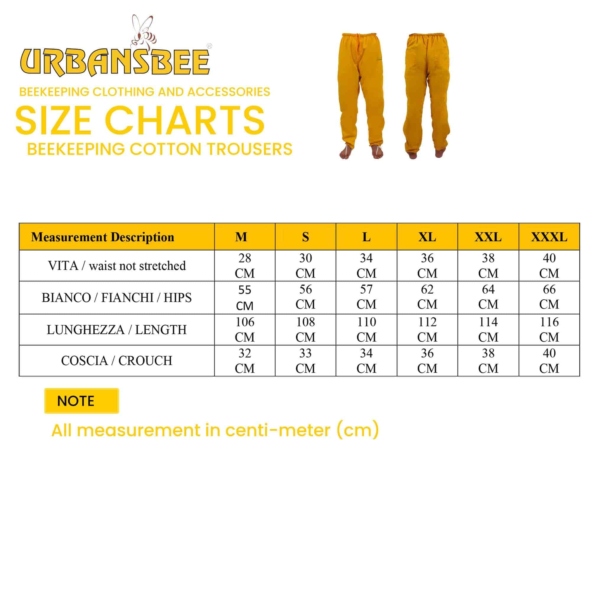 Pantalon d'apiculture jaune URBANSBEE 100 % pur coton