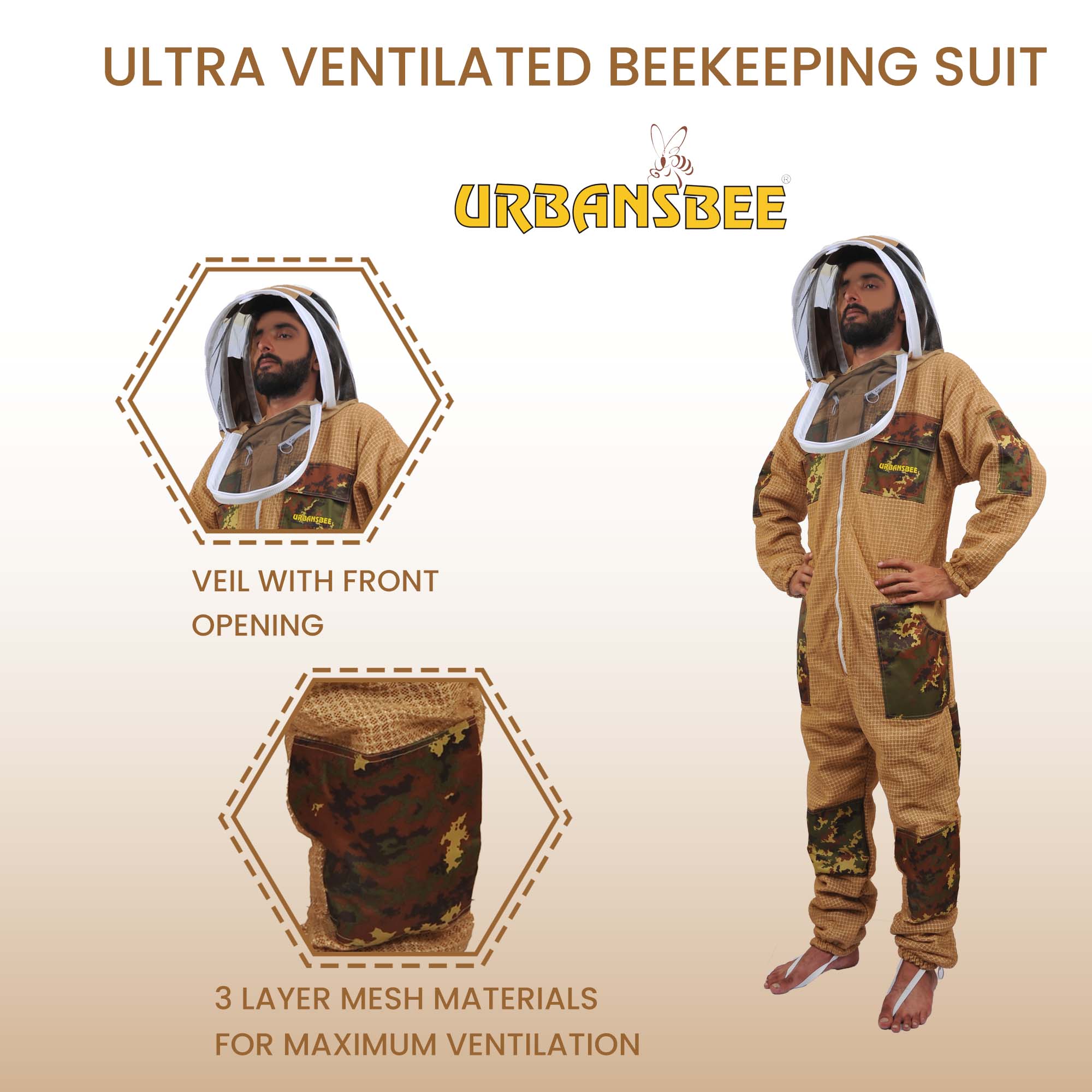 Beekeeping suit 3 layers ventilated anti-sting for bees with round veil